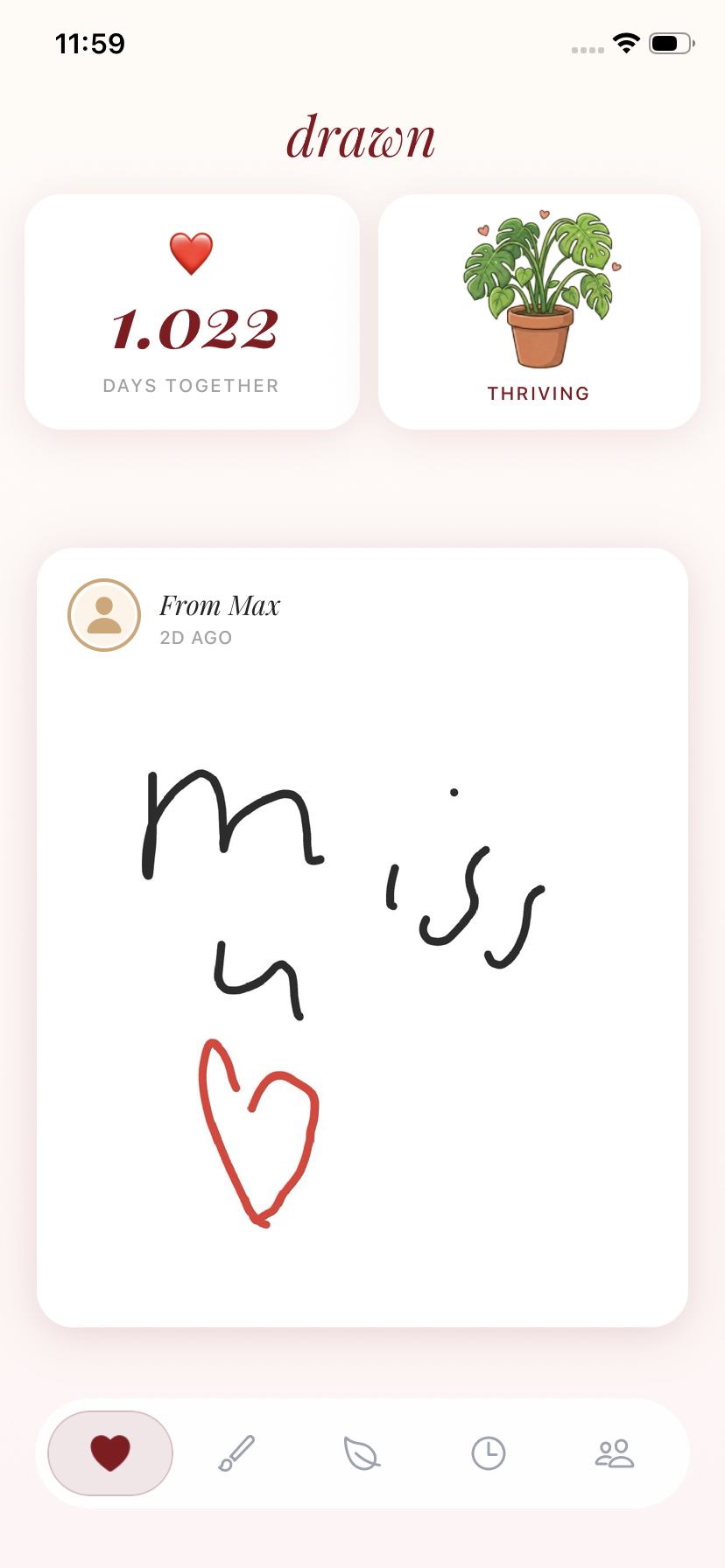 drawn home screen showing days together and a note from your partner