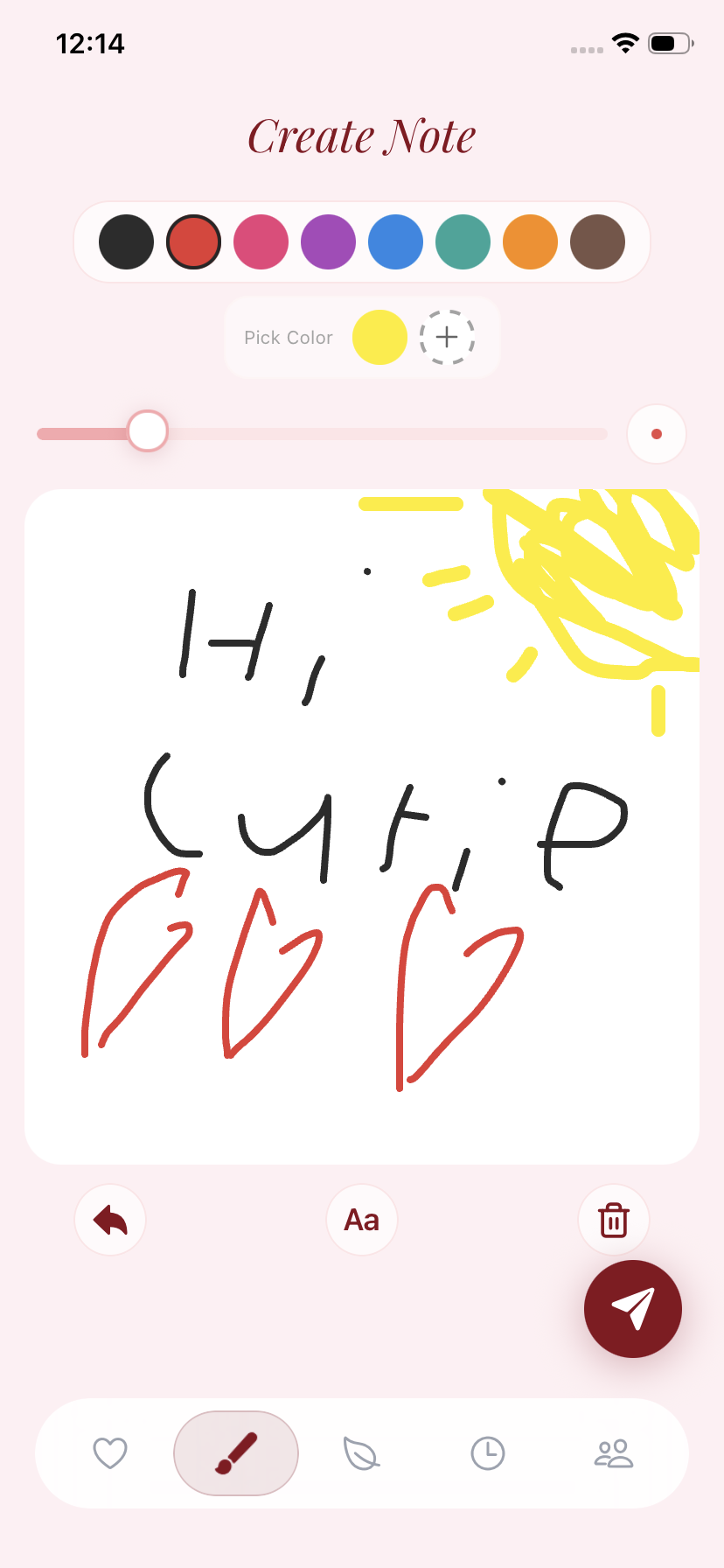 Create Note screen with drawing canvas and color picker