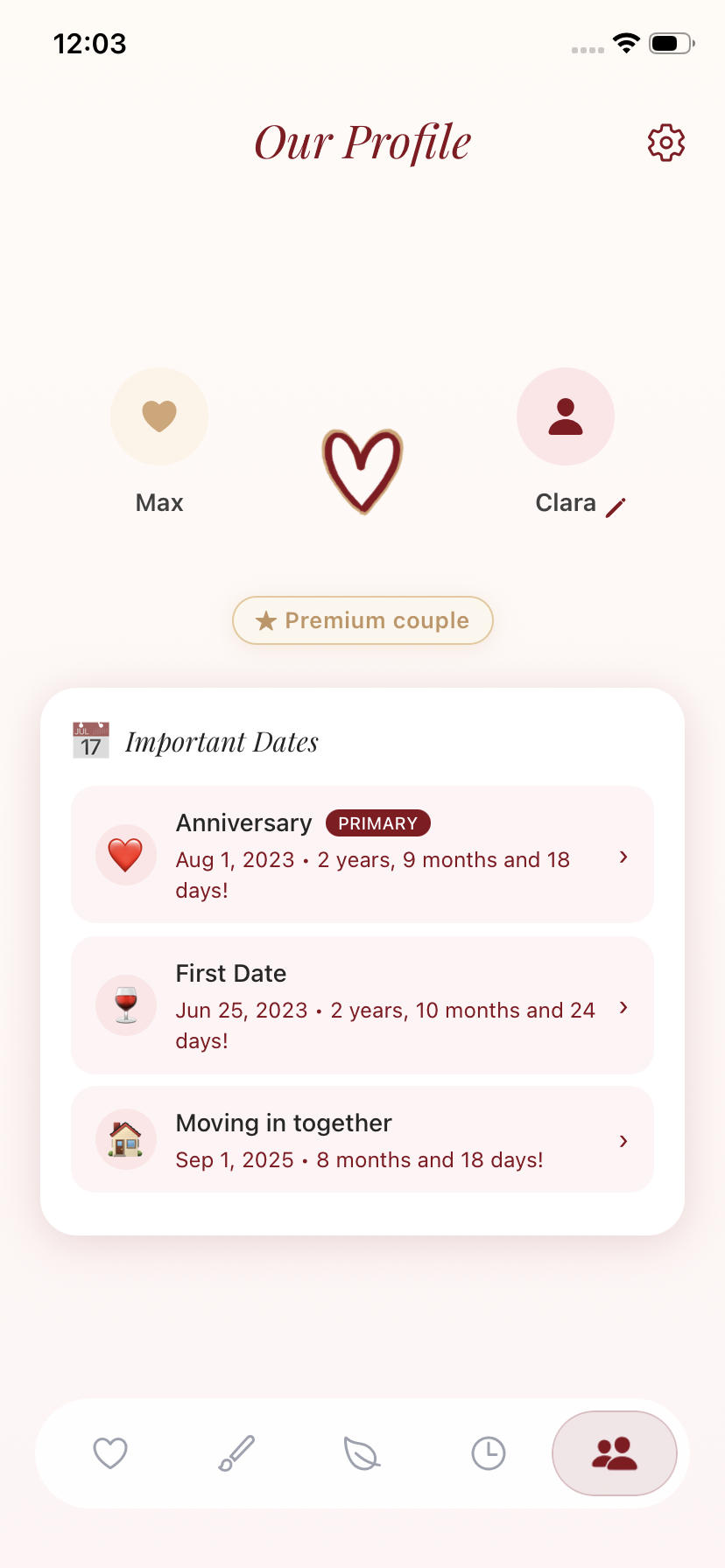 Our Profile screen with anniversary and milestone dates
